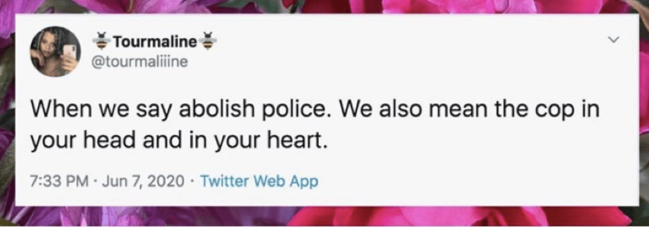 A tweet by @tourmaliiine says "When we say abolish the police. We also mean the cop in your head and in your heart."